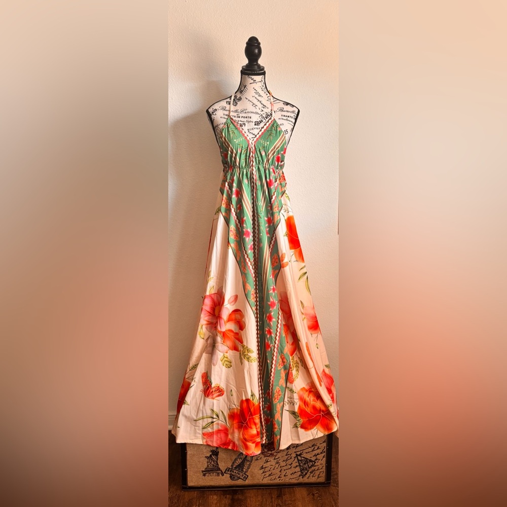 Floral Maxi Skirt in Green and Coral
